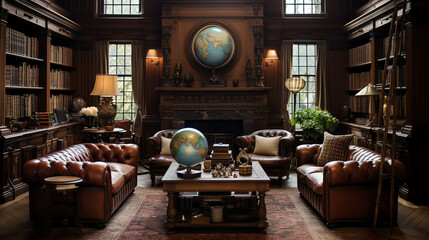 A wood-paneled study with a large globe in the center, leather furniture, and bookshelves on the walls.