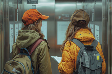 Poster - A volunteer and a charity worker planning their next event in an elevator,