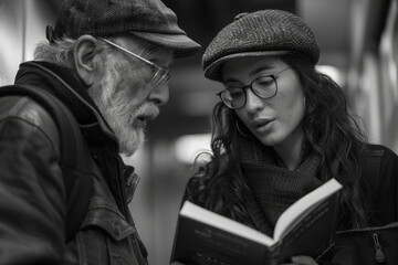 Poster - A writer discussing their latest book with an avid reader in an elevator,