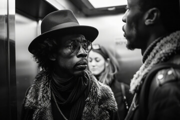 Poster - An artist showing their portfolio to a potential client in an elevator,