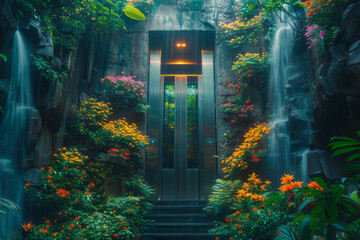 Poster - An elevator emerging from a lush, green valley with waterfalls and rainbows,