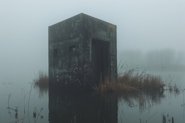 Poster - An elevator rising from a fog-covered lake, creating a mysterious and eerie scene,