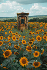 Poster - An elevator appearing in the middle of a sunflower field, with golden blooms all around,