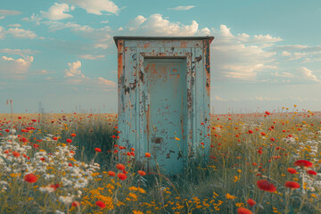 Poster - An elevator in the middle of a serene meadow filled with blooming flowers,