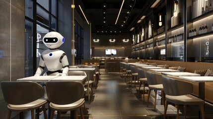 Aufkleber - A robot is seated at a table in a restaurant, waiting for its order.