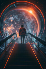 Aufkleber - Passengers exiting an elevator into a futuristic space station orbiting a distant planet,