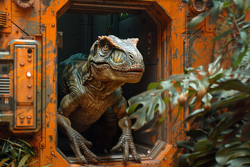 Poster - Passengers stepping out of an elevator into a prehistoric landscape with dinosaurs roaming,