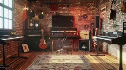 Poster - A bustling room filled to the brim with a diverse array of musical instruments, from grand pianos and guitars to saxophones and drums, creating a vibrant and lively atmosphere. Generative AI