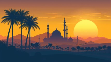 Wall Mural - In This Evocative Vector Illustration, Mosque Silhouette Adorns the Desert Horizon, Reflecting Quiet Spiritual Reverence.