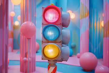 Poster - A traffic light with pastel pink, blue, and yellow lights, surrounded by floating geometric shapes,