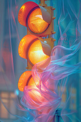 Poster - An abstract traffic light with pastel-colored ribbons swirling around it in a gentle breeze,