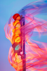 Poster - An abstract traffic light with pastel-colored ribbons swirling around it in a gentle breeze,