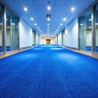 © Irina - Large Blue Carpeted Hallway With Glass Doors. Generative AI