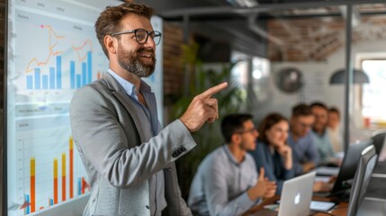 Aufkleber - Business analyst pointing to a bar graph during a presentation, explaining key insights and performance metrics to colleagues with confidence
