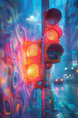 Poster - An abstract traffic light with pastel-colored swirls and spirals surrounding it,