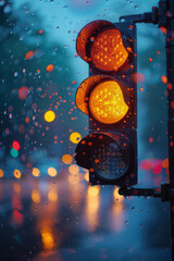 Poster - A traffic light with pastel-colored raindrops falling around it, creating a soft, serene scene,