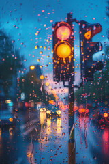 Poster - A traffic light with pastel-colored raindrops falling around it, creating a soft, serene scene,