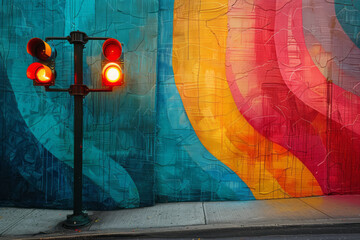 Poster - An abstract traffic light with pastel lights illuminating a mural of pastel-colored abstract art,