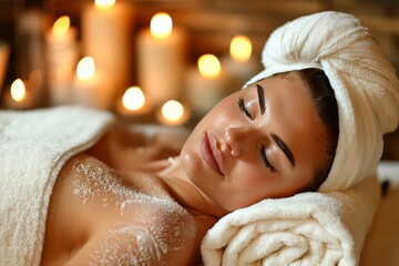 Poster - Cozy woman receiving a spa treatment with soft lighting and candles, creating a tranquil and rejuvenating experience