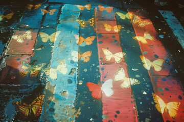 Poster - A pedestrian crossing with pastel butterfly silhouettes, fluttering across a quiet suburban street,