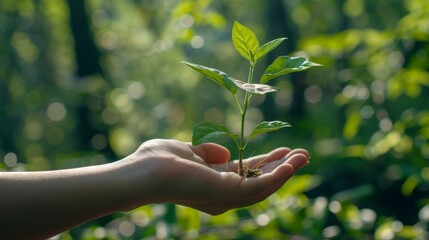 Poster - Close-up of a hand holding a seedling against a backdrop of lush greenery, symbolizing hope and renewal in environmental conservation