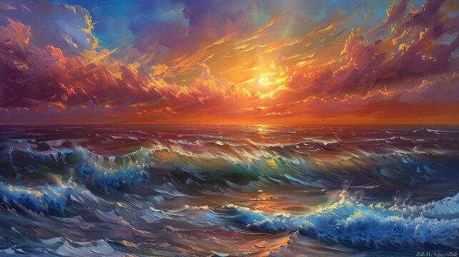 A high-definition image of a sunset oil painting with a dramatic seascape, the waves and sky illuminated by the rich, warm colors of the setting sun
