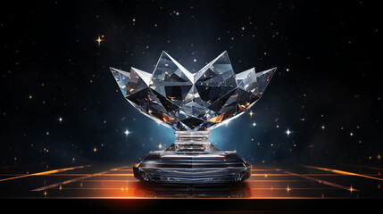 Wall Mural - A glowing blue crystal trophy with a golden base sits on a reflective surface.