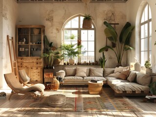 Wall Mural - A living room with a couch, a coffee table, and a few potted plants. The room has a warm and inviting atmosphere, with the sunlight streaming in through the windows. The furniture is made of wood