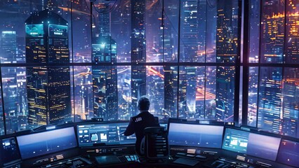 Poster - a man seated at a desk, attentively overseeing numerous computer monitors displaying data, a high-te
