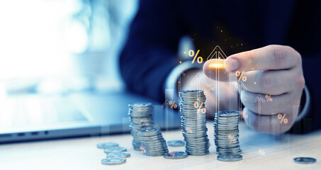 Poster - Interest rates continue to increase, stocks and mutual funds, investment for retirement.Interest rate and dividend business concept. 