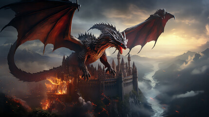 A black dragon with red wings is flying over a castle, breathing fire on the castle and setting it ablaze.
