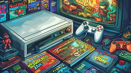 A vibrant cartoon art of a vintage gaming setup with a console, joystick, and CRT TV, with nostalgic game covers and colorful pixel art elements