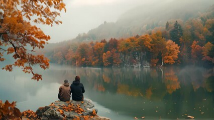 Canvas Print - Two individuals seated on a rock near a body of water, taking in the view, A landscape shot of a couple gazing out over a misty lake, surrounded by a blanket of autumn colors