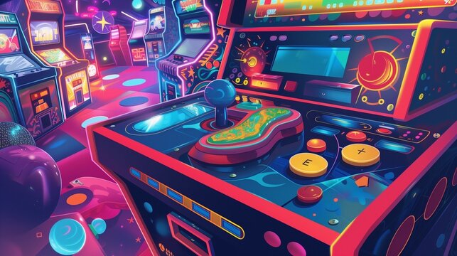 A whimsical cartoon illustration of a retro gaming console with a joystick, featuring bright colors and exaggerated features, set against a background of arcade machines and neon lights