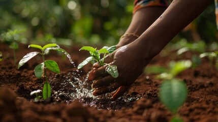 Poster - Close-up of hands watering newly planted trees, nurturing their growth and ensuring their survival in the early stages of reforestation
