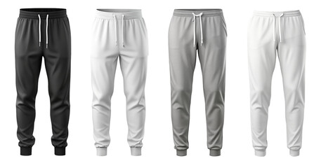 Four Pairs of Jogger Pants - A set of four jogger pants in black, white, grey, and light grey colors. The style is casual and modern.