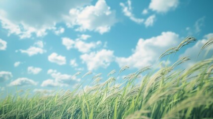 Poster - Close-up of rice stalks swaying in the breeze against a backdrop of blue sky and fluffy white clouds, a peaceful and idyllic scene of agricultural serenity
