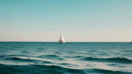 Wall Mural - A sailboat navigates through the vast expanse of the open ocean, A lone sailboat bobbing in the distance