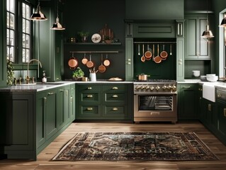 Poster - A kitchen with green cabinets and a green rug. The kitchen has a modern look with a lot of copper accents