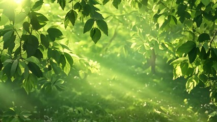 Poster - Sunlight penetrating dense foliage, creating patterns of light and shadow through the tree leaves, A serene forest scene with sunlight filtering through lush green leaves