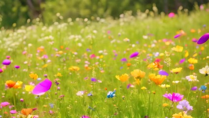 Wall Mural - A field filled with vibrant wildflowers and lush grass, A lush green meadow with colorful wildflowers blooming