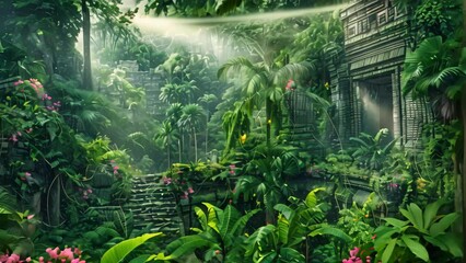 Wall Mural - A vibrant jungle teeming with diverse wildlife and ancient ruins, A lush jungle with diverse wildlife and hidden ruins