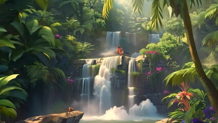 Wall Mural - A painting depicting a cascading waterfall in a vibrant tropical jungle with exotic birds flying around, A lush tropical jungle with exotic birds and cascading waterfalls