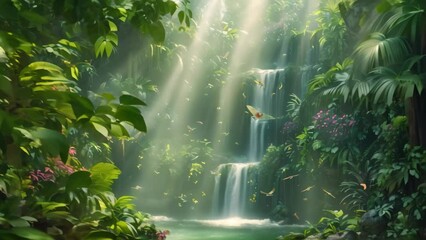 Canvas Print - A painting depicting a waterfall cascading through a lush jungle with exotic birds flying around, A lush tropical jungle with exotic birds and cascading waterfalls