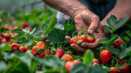 Wall Mural - A person harvested ripe strawberries from a bush in a garden during the summer season