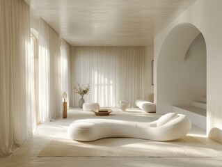 Wall Mural - A white room with a white couch and a white rug. There is a vase with flowers on a table. The room has a clean and minimalist look
