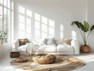 Wall Mural - A white living room with a white couch and a white rug. The couch is covered with pillows and a blanket. There is a potted plant on the right side of the room