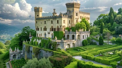 Sticker - A castle stands on a hilltop with a garden in front, A majestic castle perched on a hilltop, surrounded by lush gardens