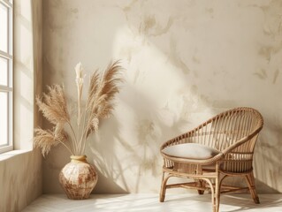 Wall Mural - A room with a white wall and a chair with a pillow on it. A vase with dried grass in it is on a table