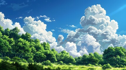 Wall Mural - a green forest, the sky is blue and full of beautiful clouds